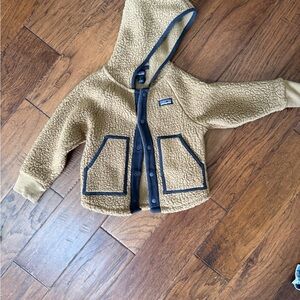 Tan Hooded Fleece Jacket with Black Trim